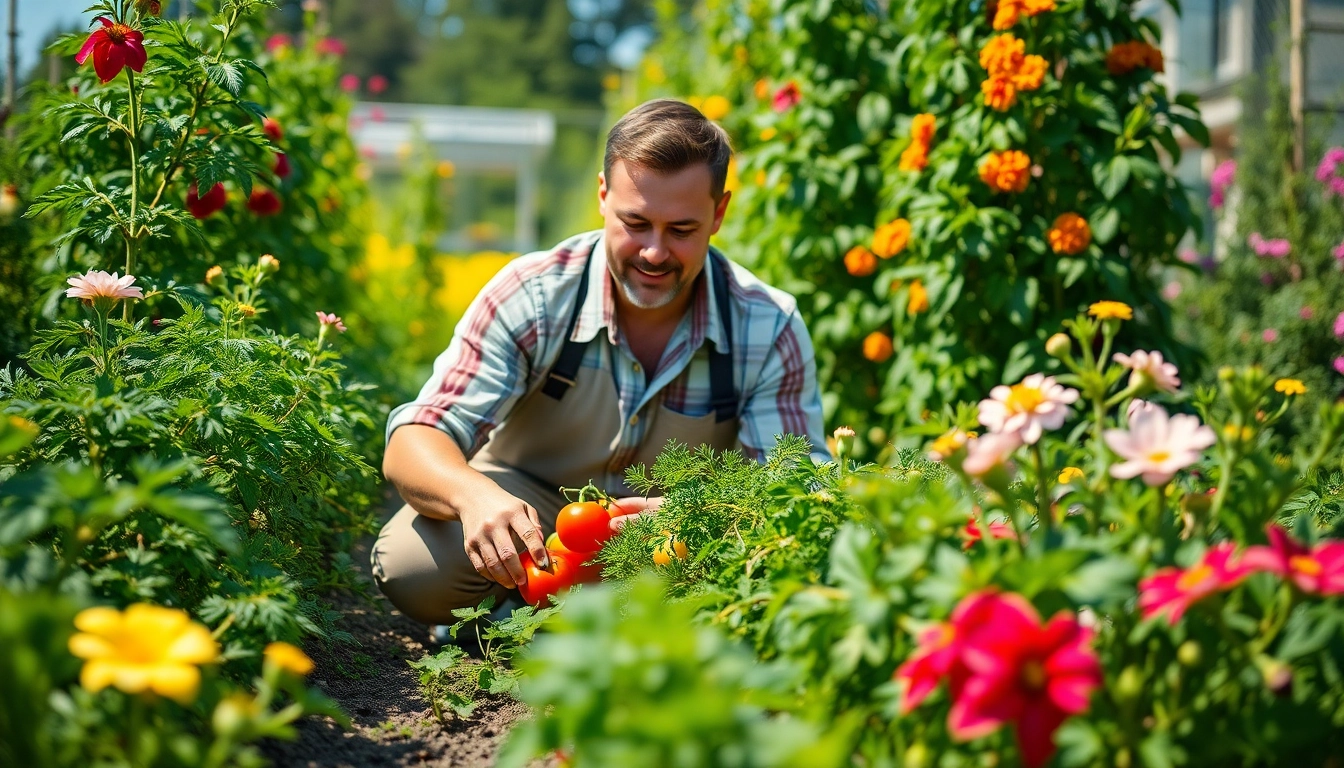 Gardening expert nurturing vibrant plants in a sunlit vegetable garden.