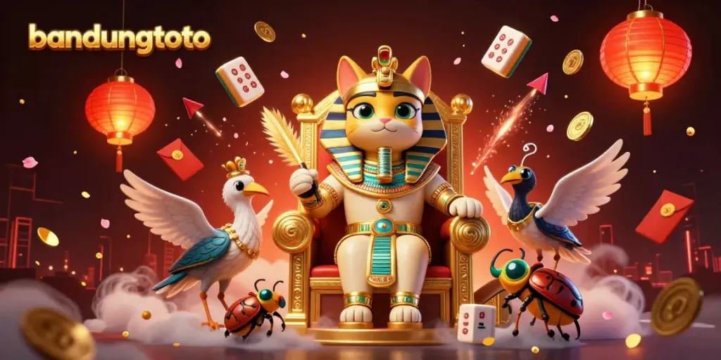 Bandungtoto's vibrant casino scene featuring a pharaoh cat and glowing game elements.
