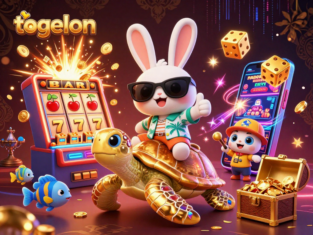 Experience the excitement of togelon with a lucky rabbit and golden turtle in a dazzling casino scene.