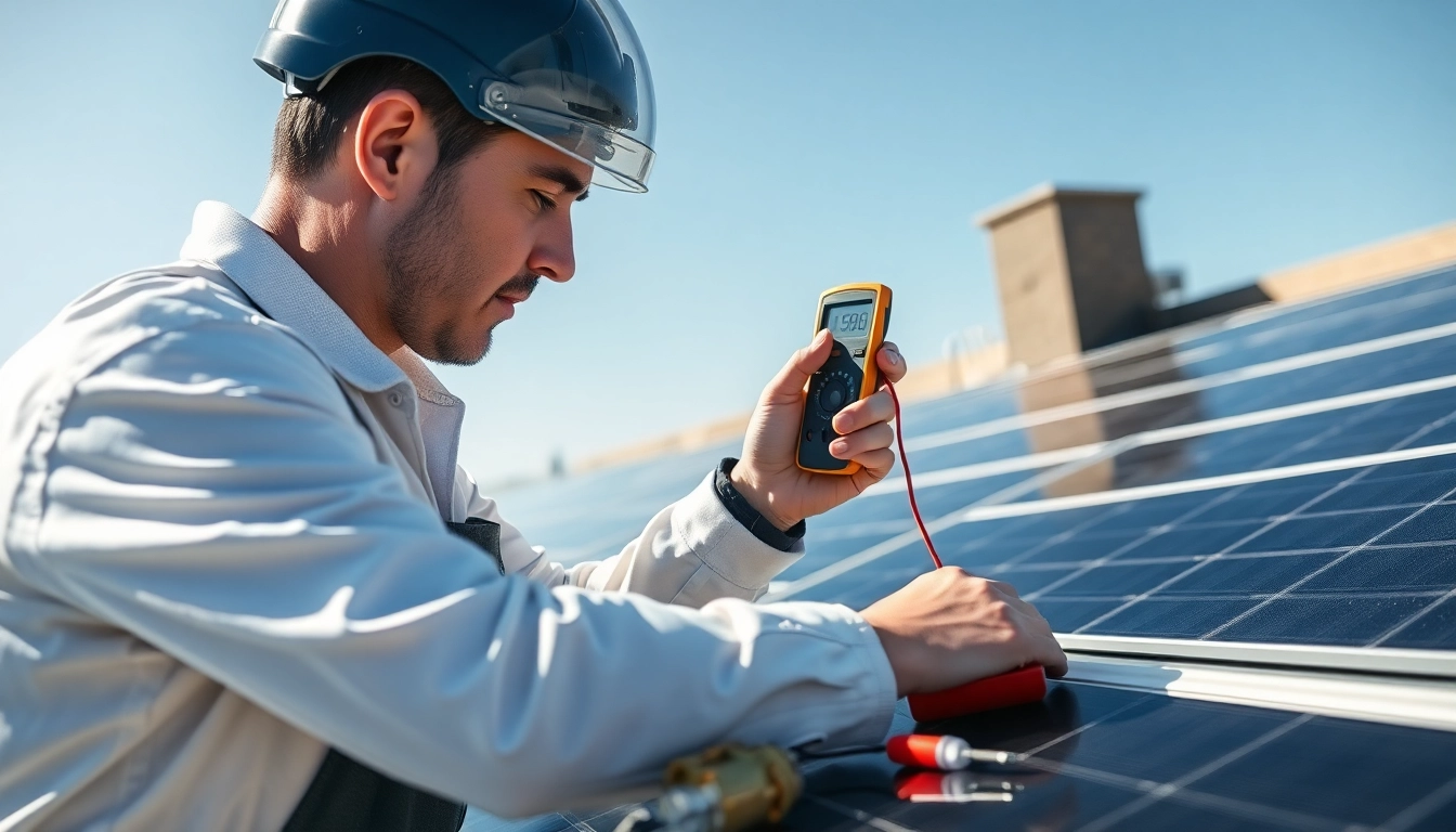 Technician conducting emergency solar panel repair on a rooftop during clear daylight.