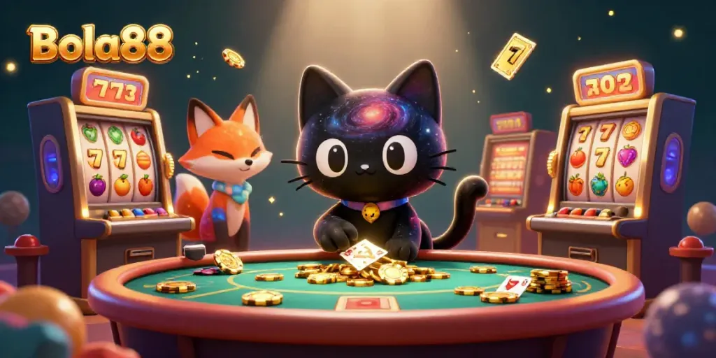 Bola88 showcases a whimsical casino scene with a black hole cat and colorful fox amidst slot machines.