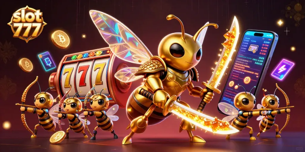 Menangkan slot 777 dengan jackpot menarik, dikelilingi elemen kasino yang cerah dan energik.