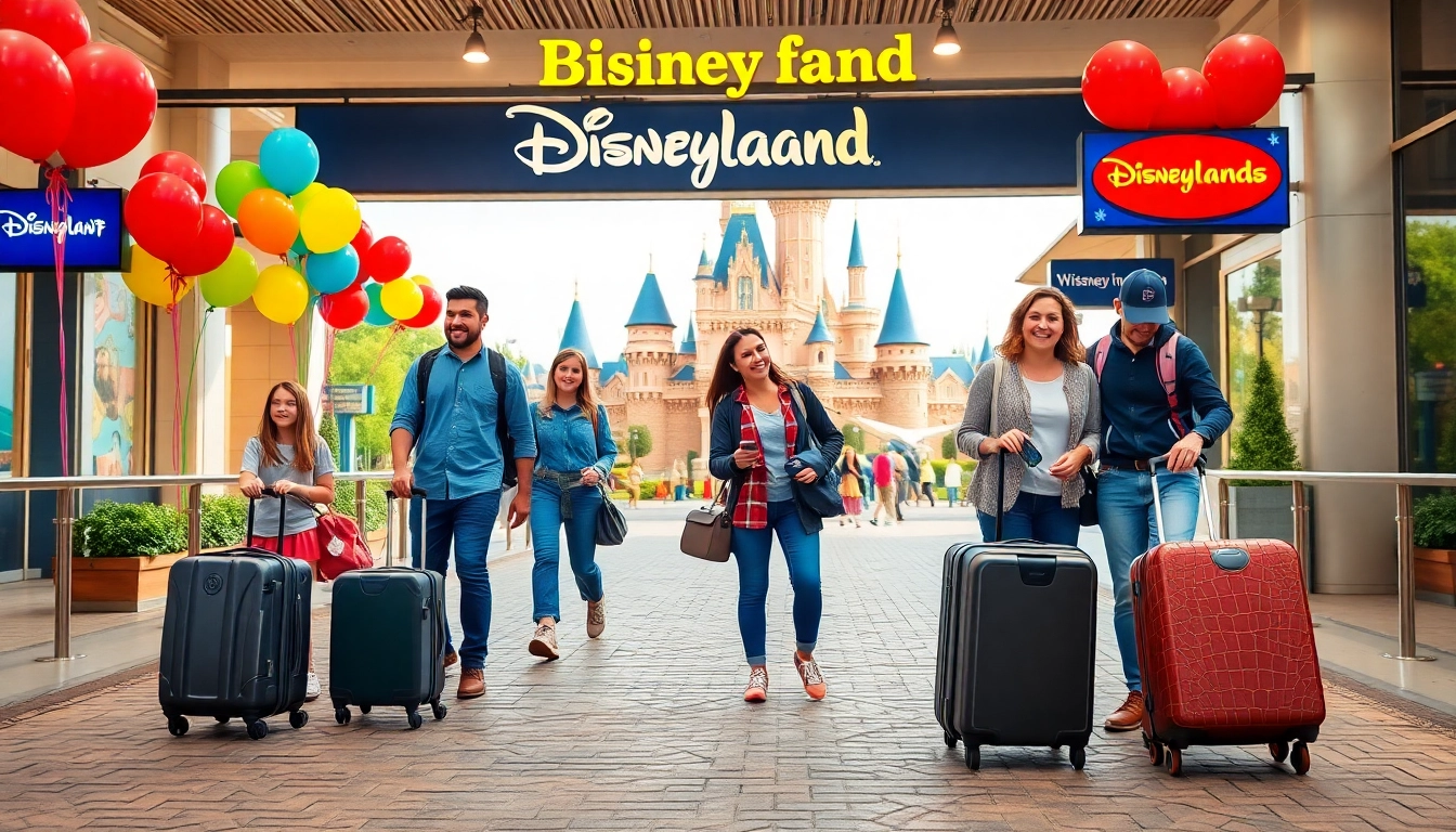 Families arriving at Disneyland Paris to airport with luggage, celebrating the magical travel experience.