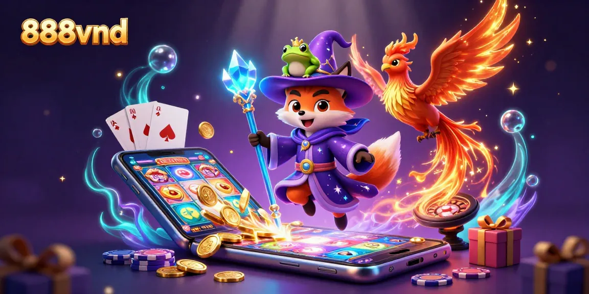 Engage with 888vnd, featuring a magical scene of a wizard fox, phoenix, and gaming elements to elevate your casino experience.