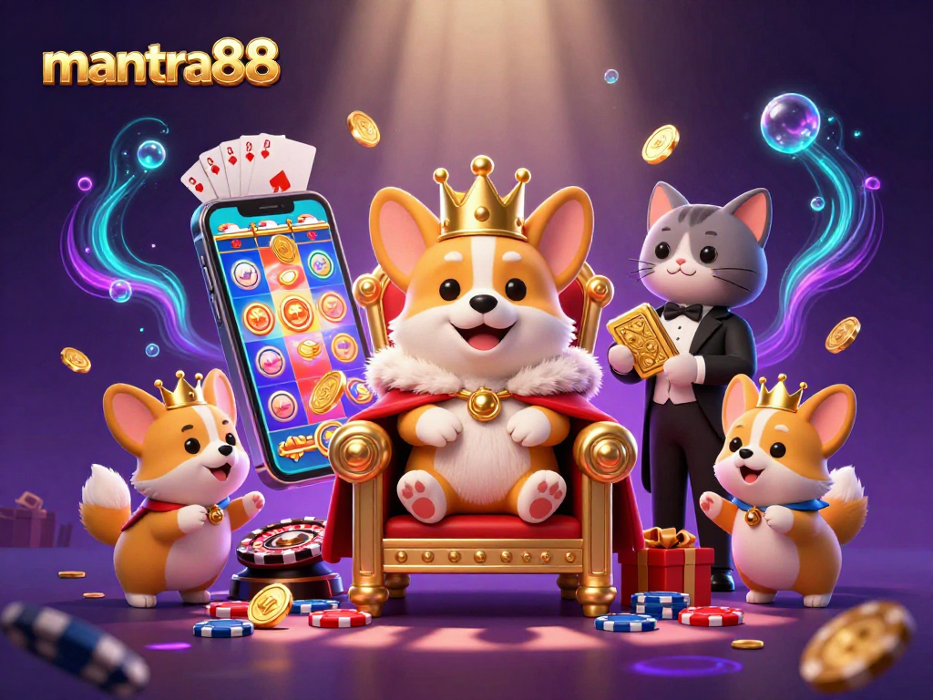 Experience the excitement of mantra88, where playful corgis preside over a vibrant casino wonderland.