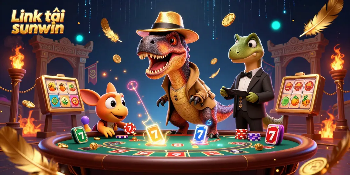 Engage with the exciting Link tải sunwin gaming scene featuring a velociraptor card counter at a bustling blackjack table.