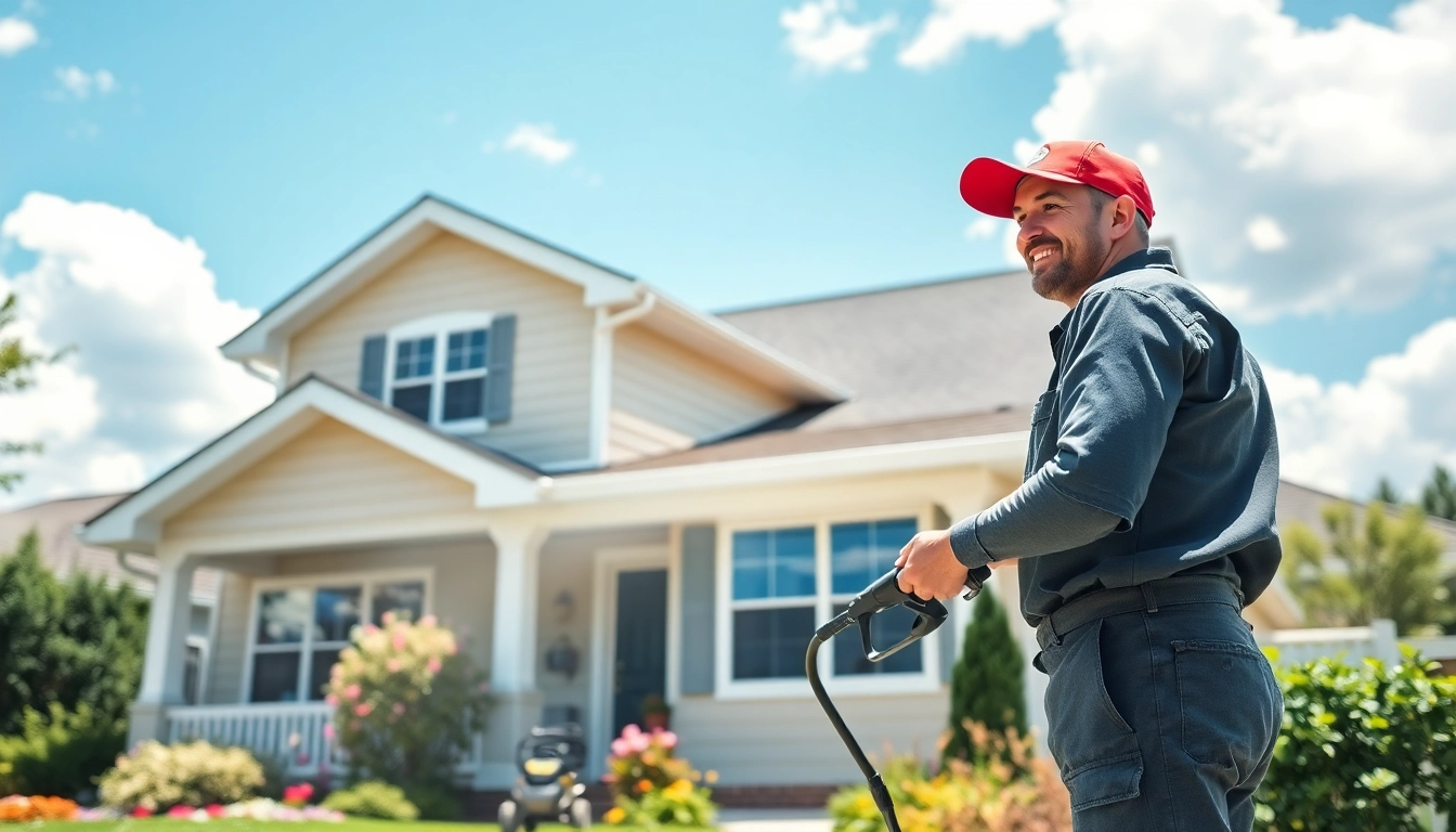 Intense House Washing service in a beautiful suburban setting with a technician cleaning a home's exterior.