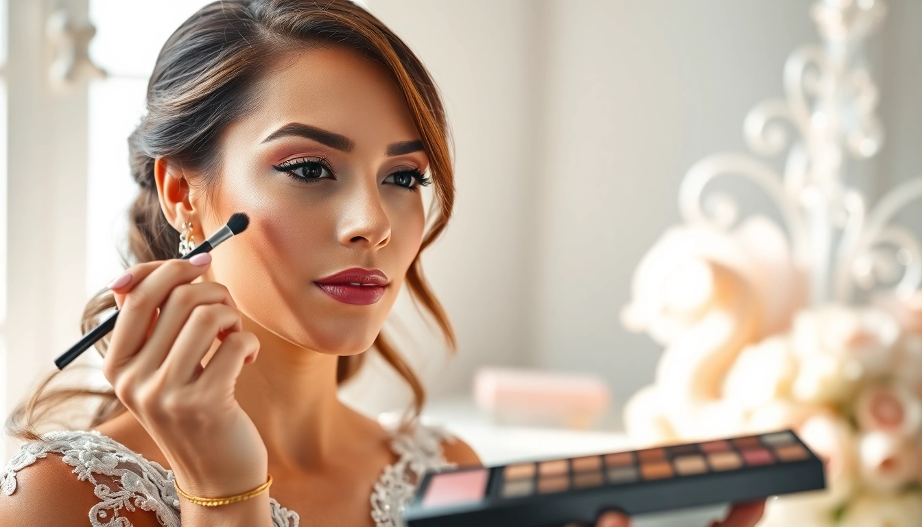 Dallas wedding makeup artist skillfully applying glamorous bridal makeup in a charming studio setting.