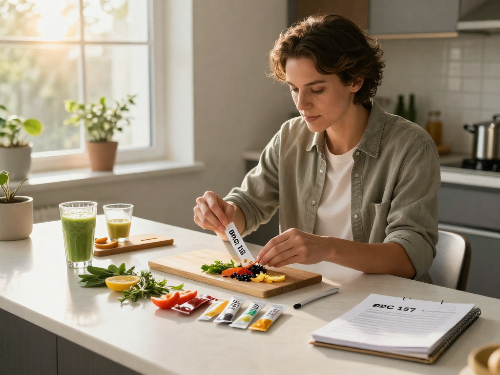 BPC 157 Benefits showcased through a healthy lifestyle scene preparing buccal strips in a modern kitchen.