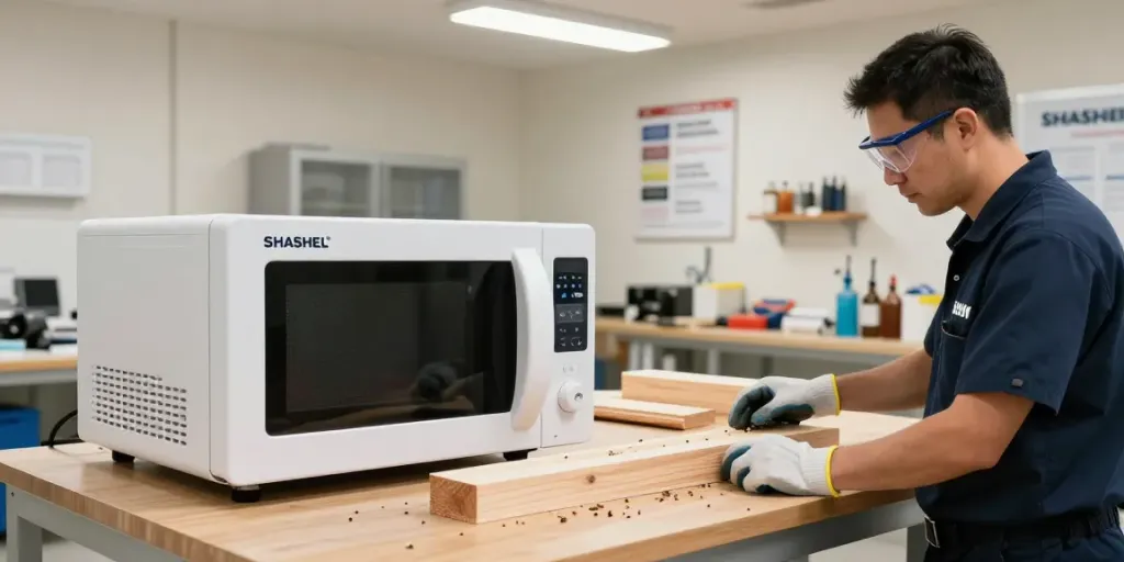 SHASHEL® microwave equipment eliminating wood-boring insects in a modern workshop.