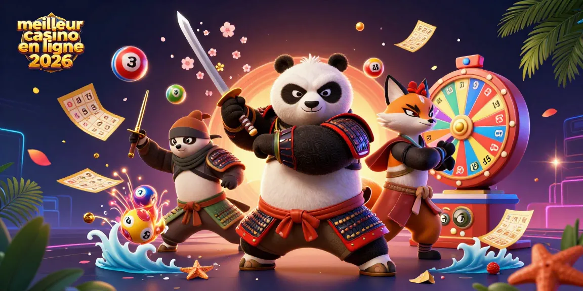 Plongez dans le meilleur casino en ligne 2026 avec un samouraï panda et des éléments de loterie vibrants.