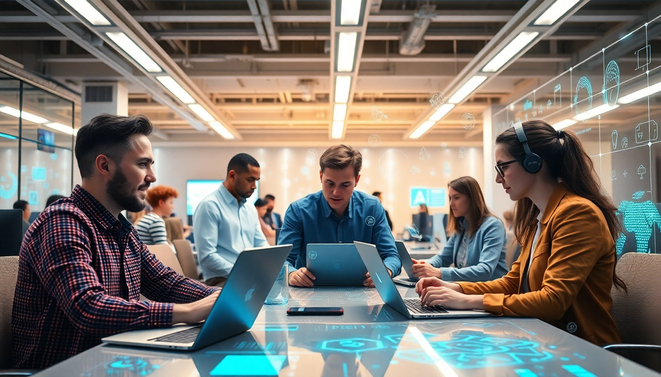 Engaging scene of AI agents collaborating in a tech office environment with advanced technologies.