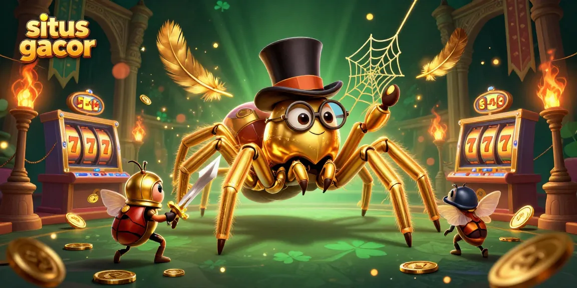 Experience the thrills of situs gacor as the giant tarantula weaves a golden web in a vibrant casino scene.