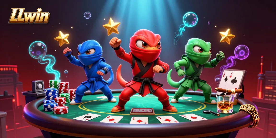 Dynamic 3D scene of ninja chameleons engaging in casino gaming action at LLwin, showcasing poker elements.