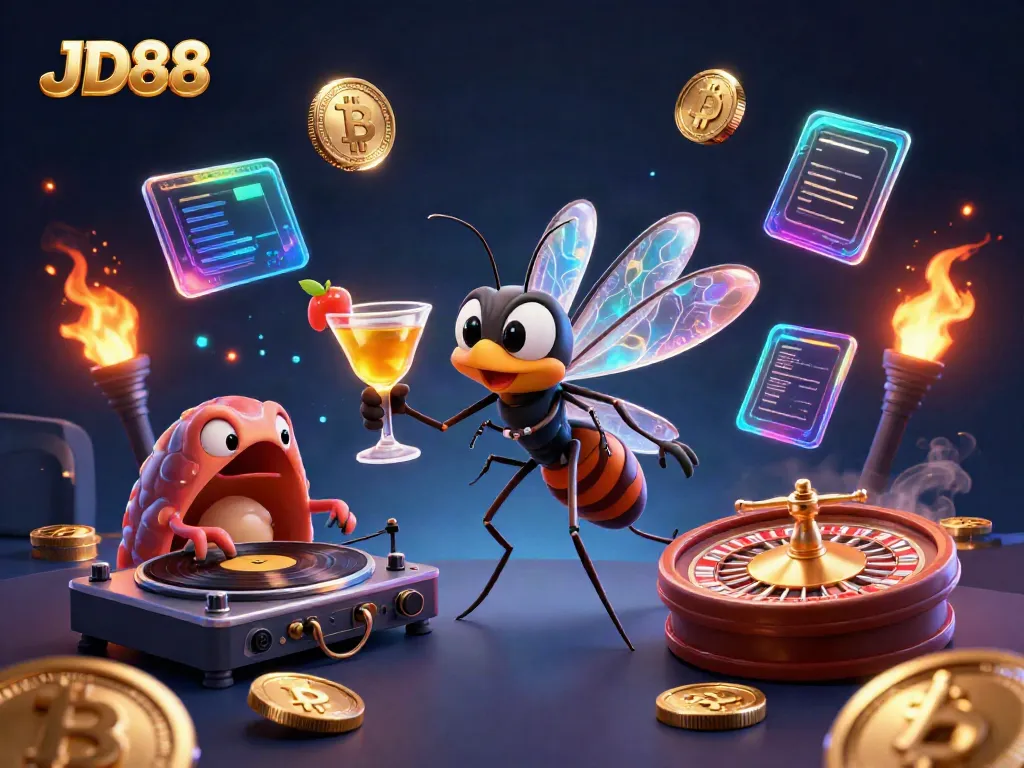 Experience the excitement at JD88 with a lively casino scene featuring unique characters and vibrant gaming elements.