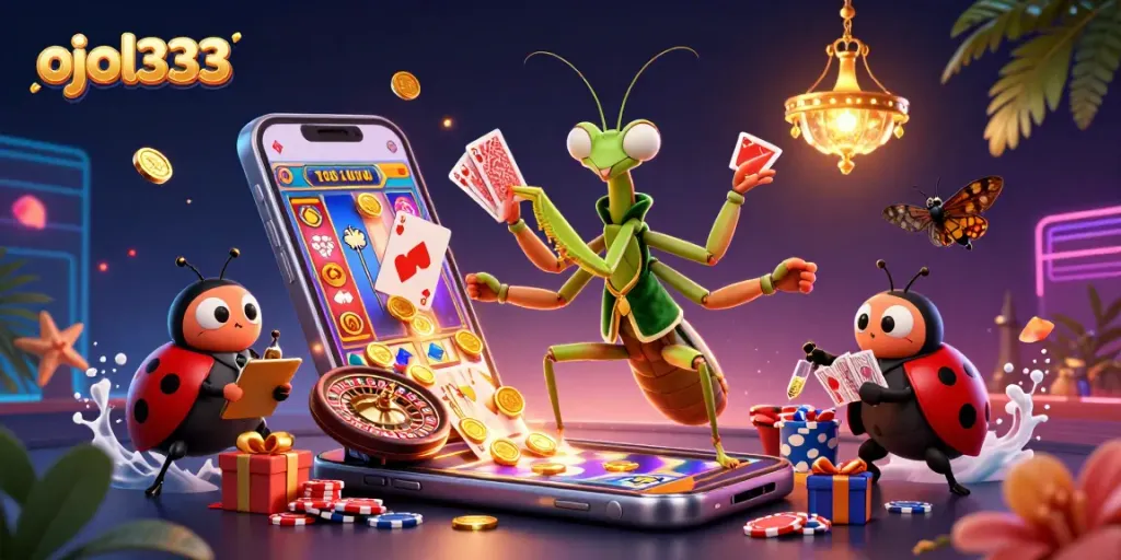 Experience the thrill of ojol333 with colorful slots and lively characters in a vibrant casino scene.