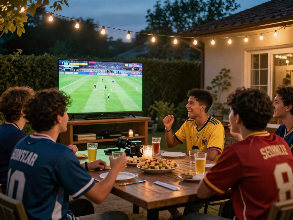 Live streaming bola gratis dengan teman-teman merayakan pertandingan di halaman belakang.