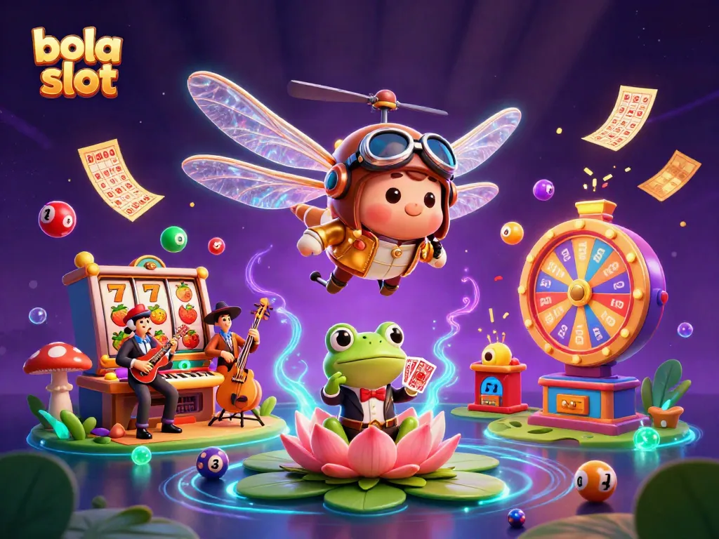 Experience thrilling action with bola slot at a vibrant casino scene featuring a dragonfly pilot and frog dealer.
