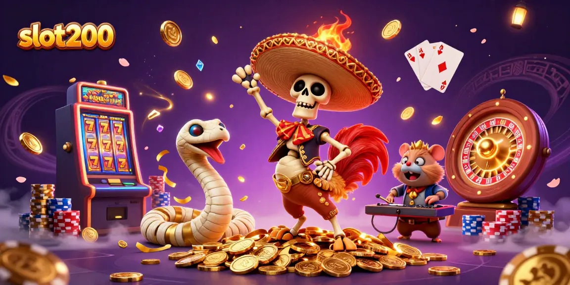 Experience the thrilling action of slot200 with a festive 3D casino scene featuring unique characters and casino elements.