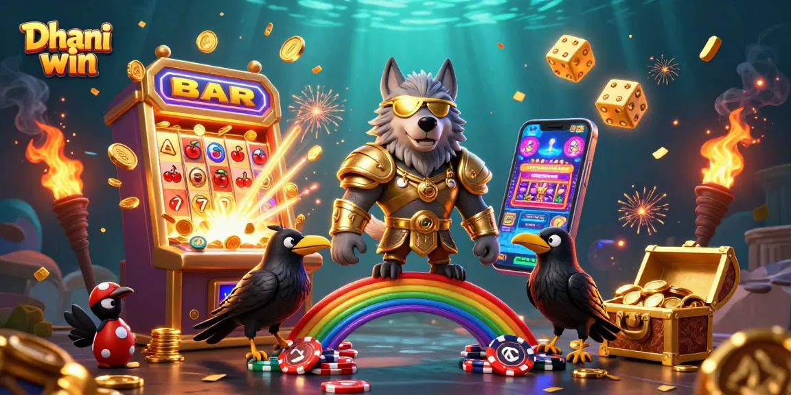 Experience thrilling gameplay on Dhani win with a vibrant illustration of casino excitement, showcasing characters and elements.
