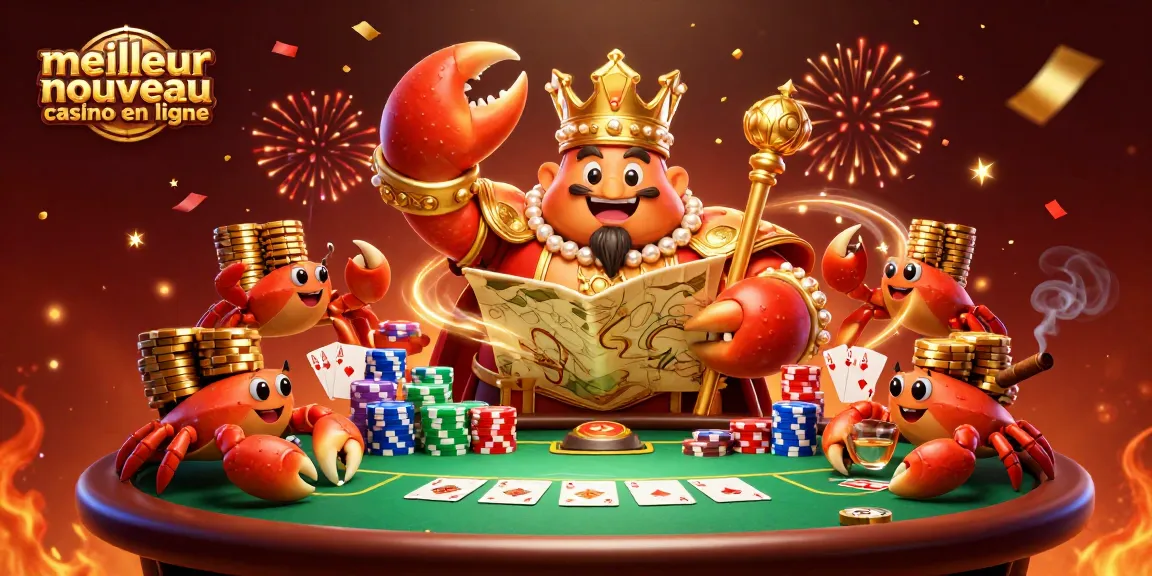 Plateau de poker animé illustrant le meilleur nouveau casino en ligne avec un crabe empereur doré et des jetons d'or.