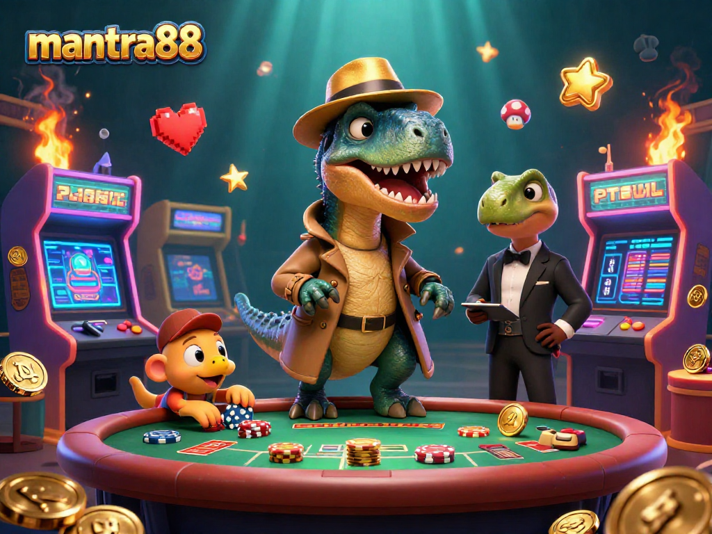 Join the thrill with mantra88: a cartoon velociraptor card counter at a vibrant blackjack table.