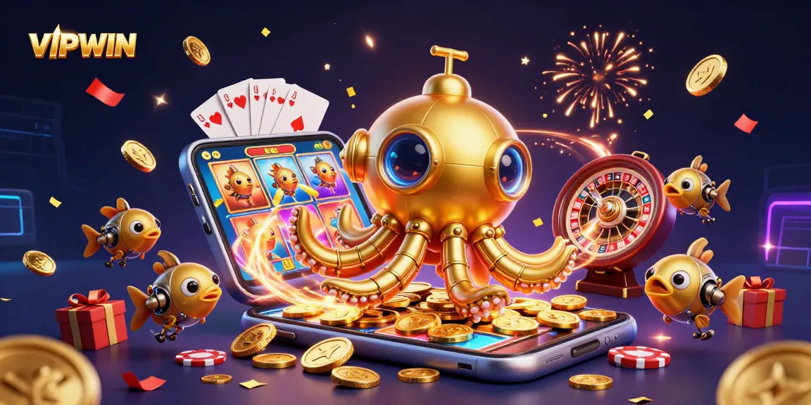 Experience exhilarating gaming at VIPWIN with a vibrant image showcasing engaging slot games and a golden kraken submarine.
