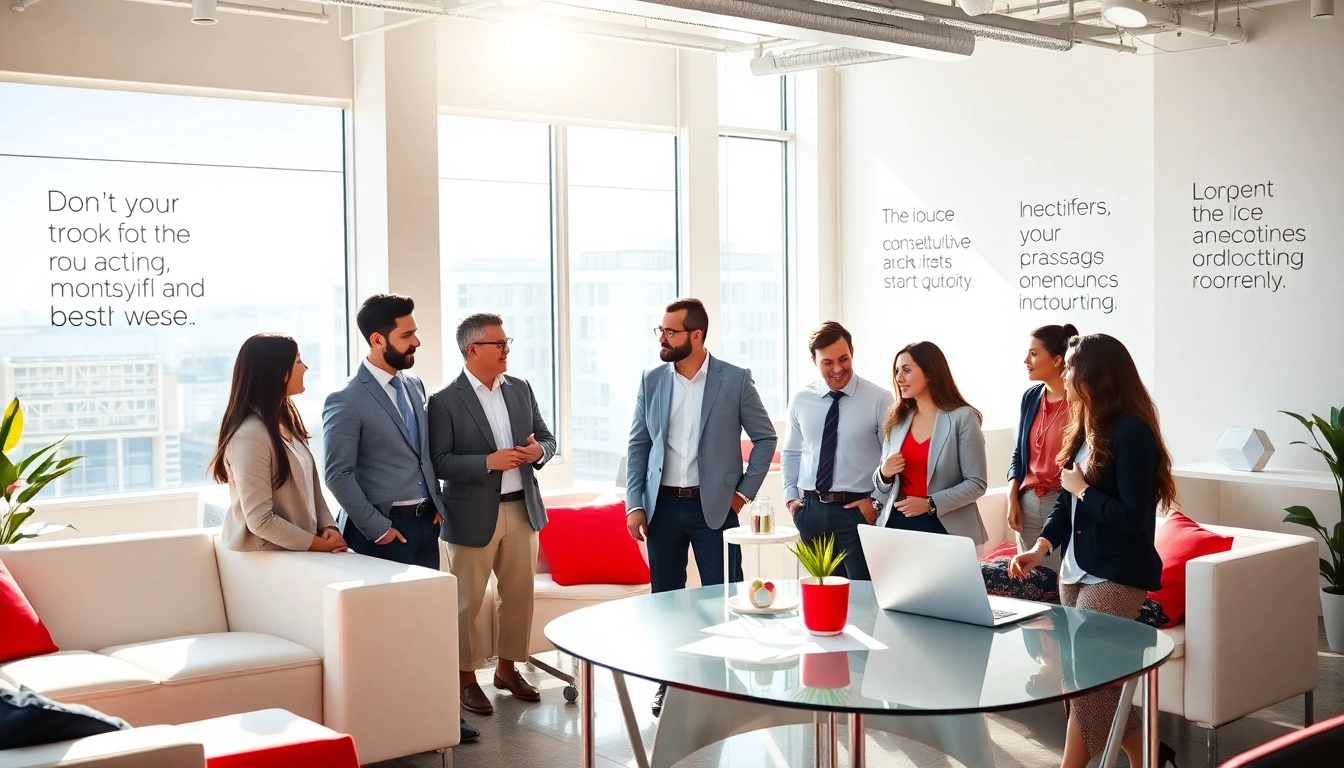 Business leaders engaging at theredandwhitemagz.com in a vibrant, contemporary office.