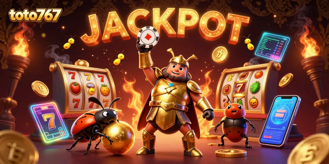 Menangkan jackpot di toto767 dengan ilustrasi karakter unik dan elemen permainan kasino.