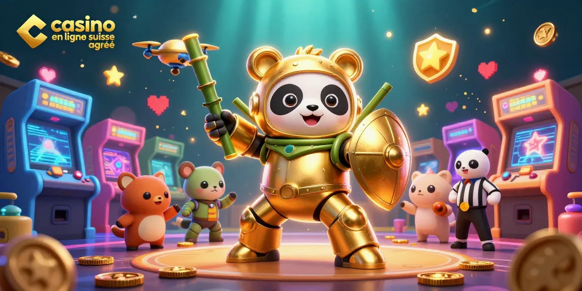 Visualisez une scène de jeu avec un panda doré dans un robot, représentant un casino en ligne suisse agréé.