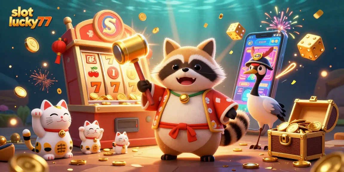 Play exciting slot lucky77 and win big with a fun tanuki and samurai-themed design!