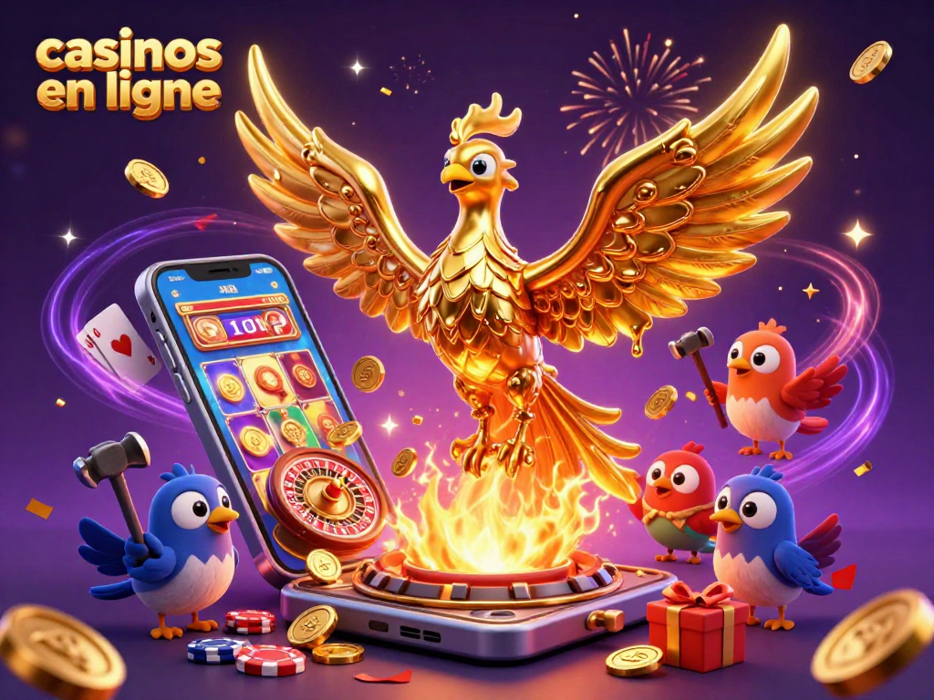 Plongez dans l'univers captivant des casinos en ligne avec cette illustration vibrante d'un phoenix doré et des éléments de jeu.