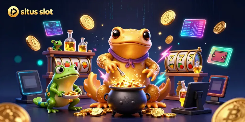Engage with situs slot featuring thrilling 3D alchemy elements, gold coins, and dynamic crypto visuals.