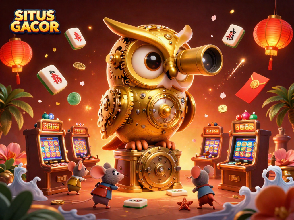 Spin to win at SITUS GACOR with vibrant 3D casino-themed illustration of slot machines and festive elements.