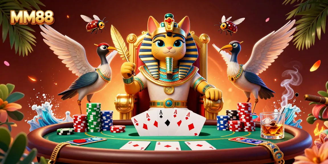 Engage with MM88's vibrant casino scene featuring pharaoh cat and poker elements.