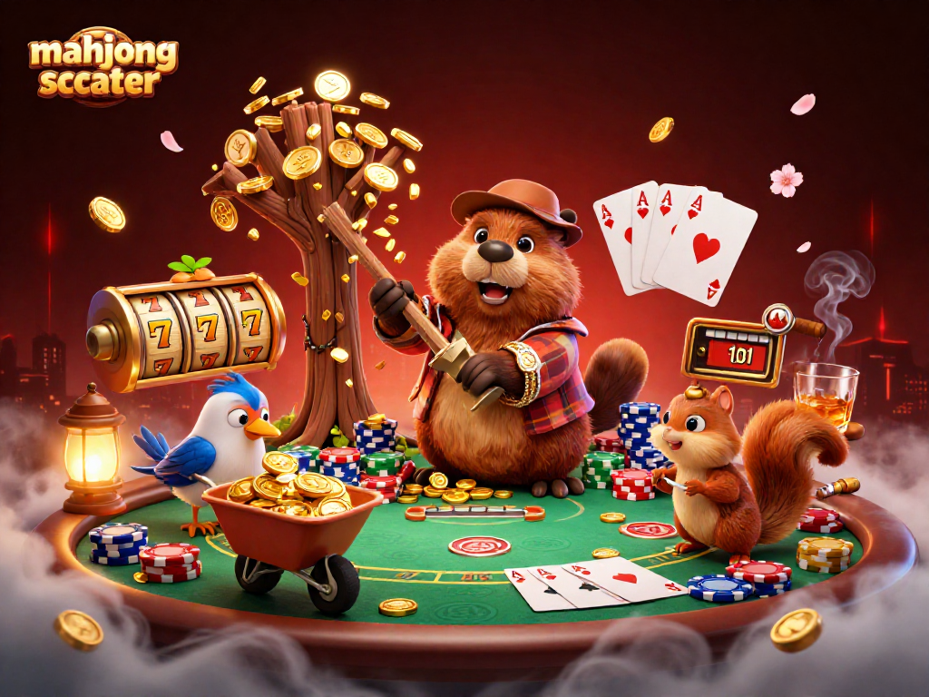 Experience mahjong scatter excitement as a lumberjack beaver collects gold coins while playing slots in a vibrant casino scene.