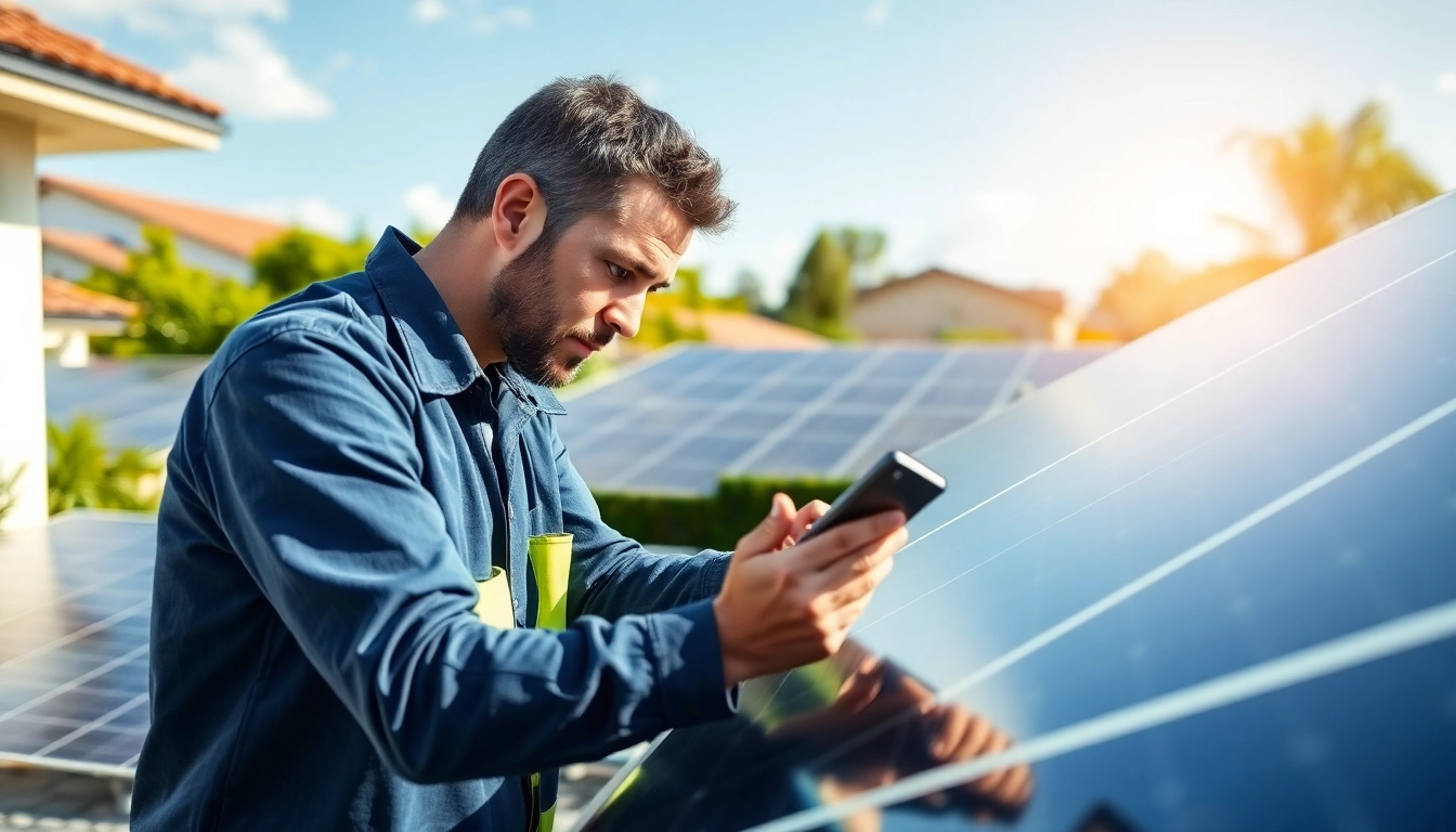 Technician from solar repair company New Jersey inspecting solar panels in a residential area.