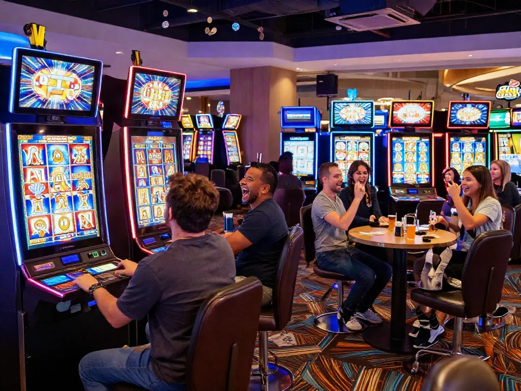 Players celebrating at slot jackpot machines in a lively casino