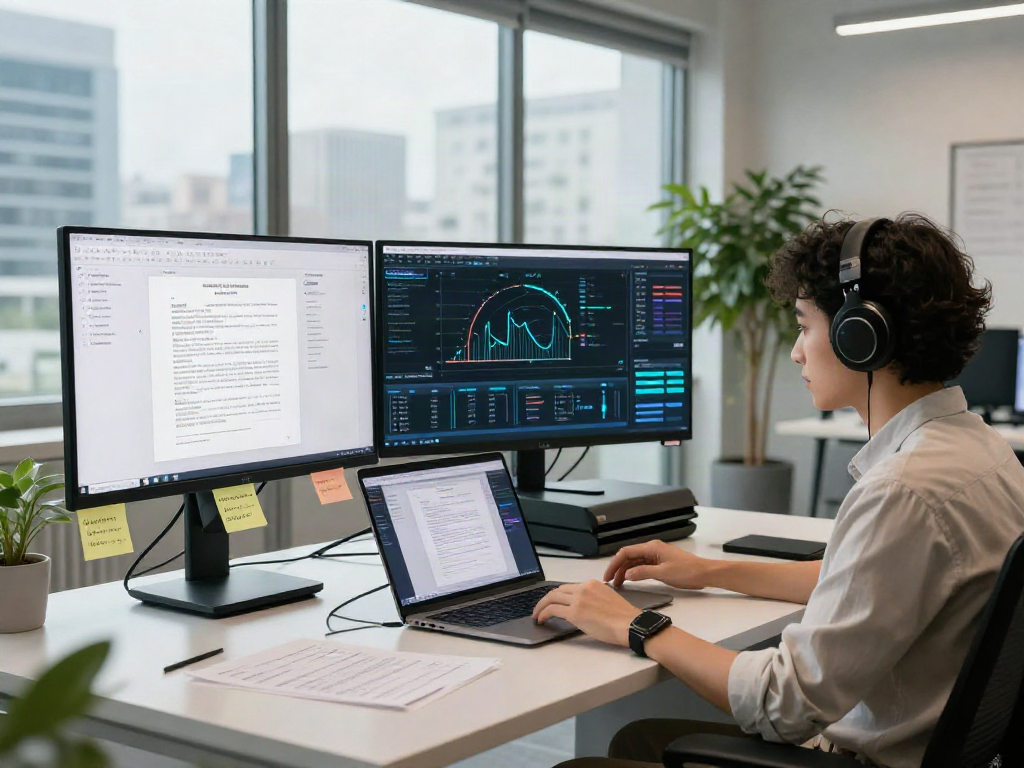 Document fraud detection analysis in a modern workspace with multiple screens and high-tech tools