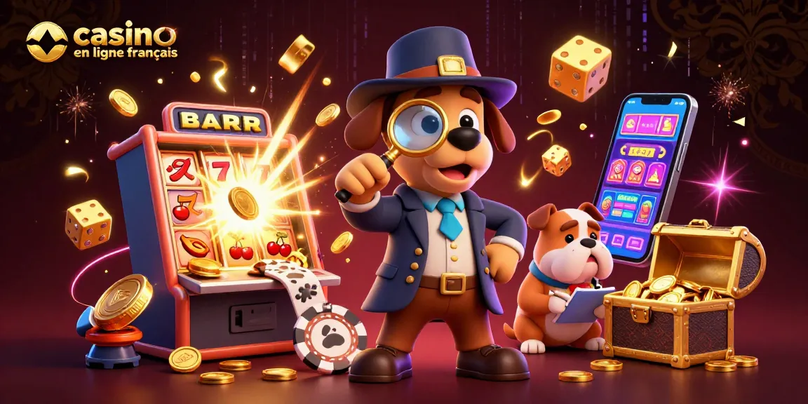 Illustrez la recherche de trésor dans un casino en ligne français avec un détective cartoon à la loupe.
