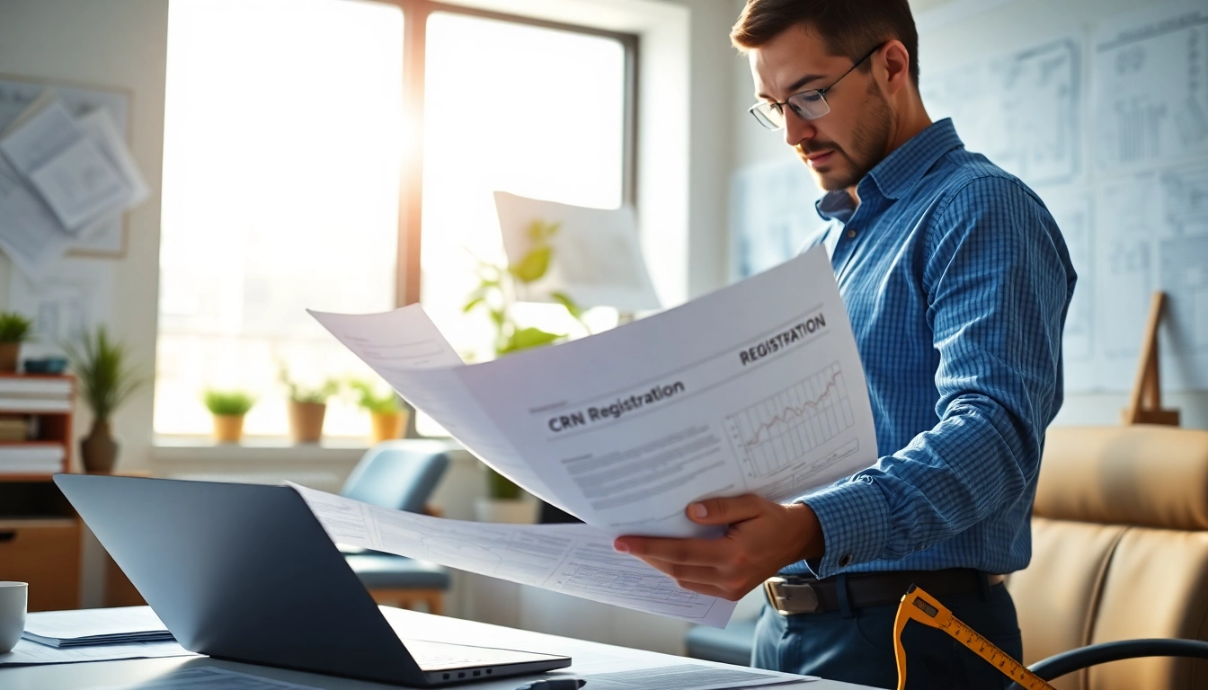 Engineer analyzing CRN Registration documentation within a bright office environment.