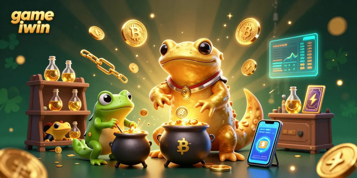 Experience the excitement of game iwin with a magical 3D casino scene featuring gold coins and crypto elements.
