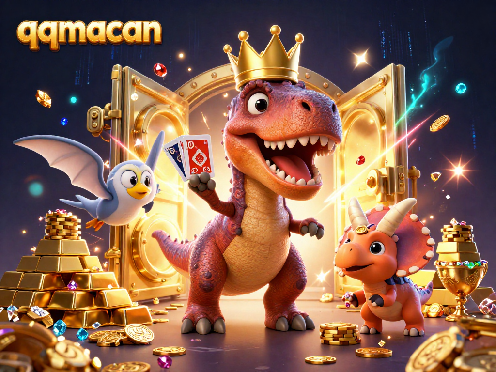 Engage in thrilling card games with qqmacan and charismatic dinosaur characters amidst sparkling treasures.