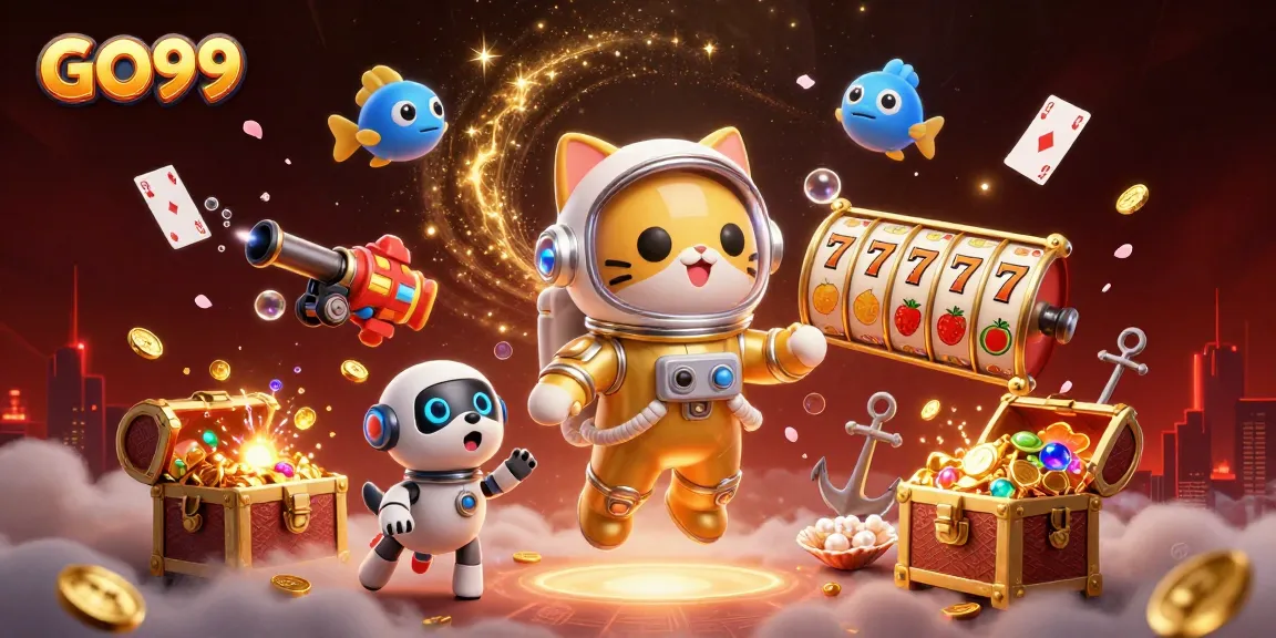 Experience thrilling wins at GO99 with the 3D illustration of an astronaut cat, showcasing dynamic slot elements.