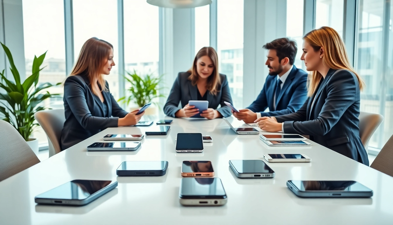 Engaging team discussing business mobile deals UK with various mobile devices on a conference table.