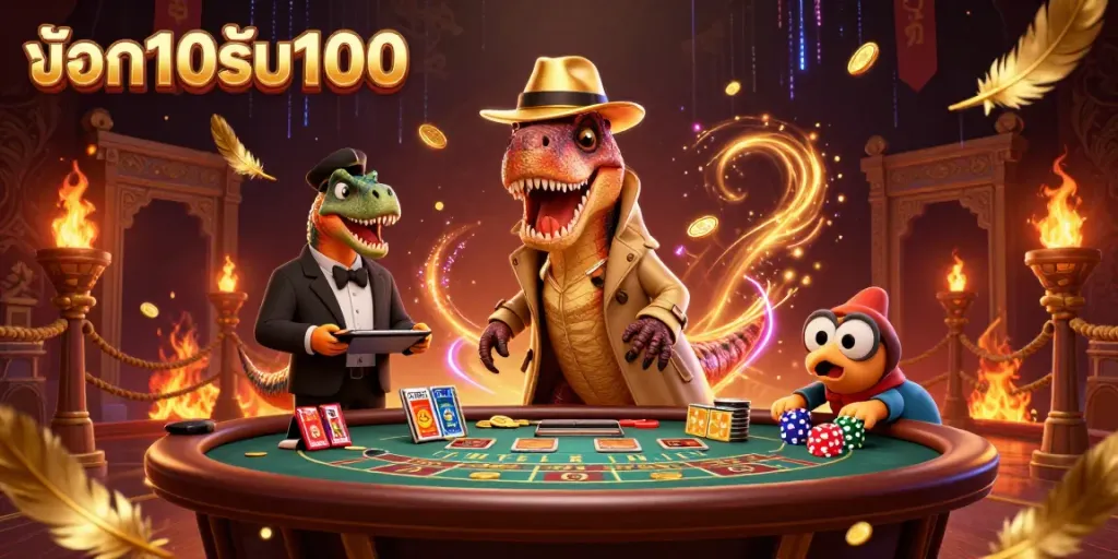 ภาพการ์ตูน 3D ที่แสดงถึงโปรโมชั่น ฝาก10รับ100 ในบรรยากาศคาสิโนที่เต็มไปด้วยความสนุกสนาน