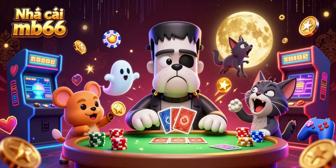 Experience excitement at Nhà cái mb66 with a vibrant 3D casino scene showcasing unique characters and casino games.