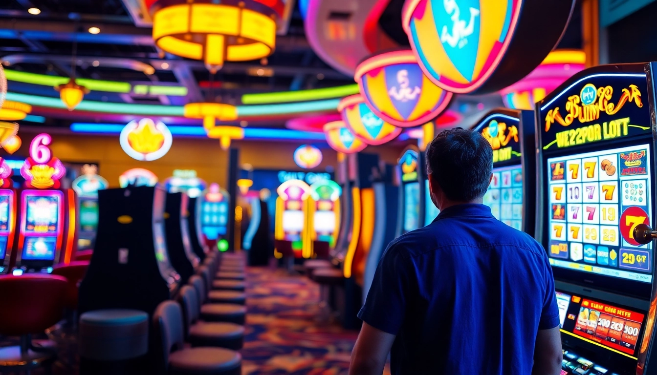 Engage in thrilling slot gambling while exploring an exciting casino filled with vibrant slot machines.