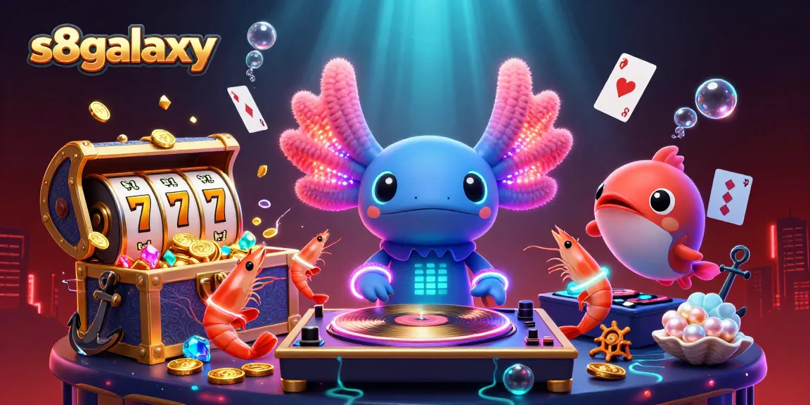 S8galaxy features a vibrant neon underwater casino scene with characters DJing and coins flying in a dynamic setting.
