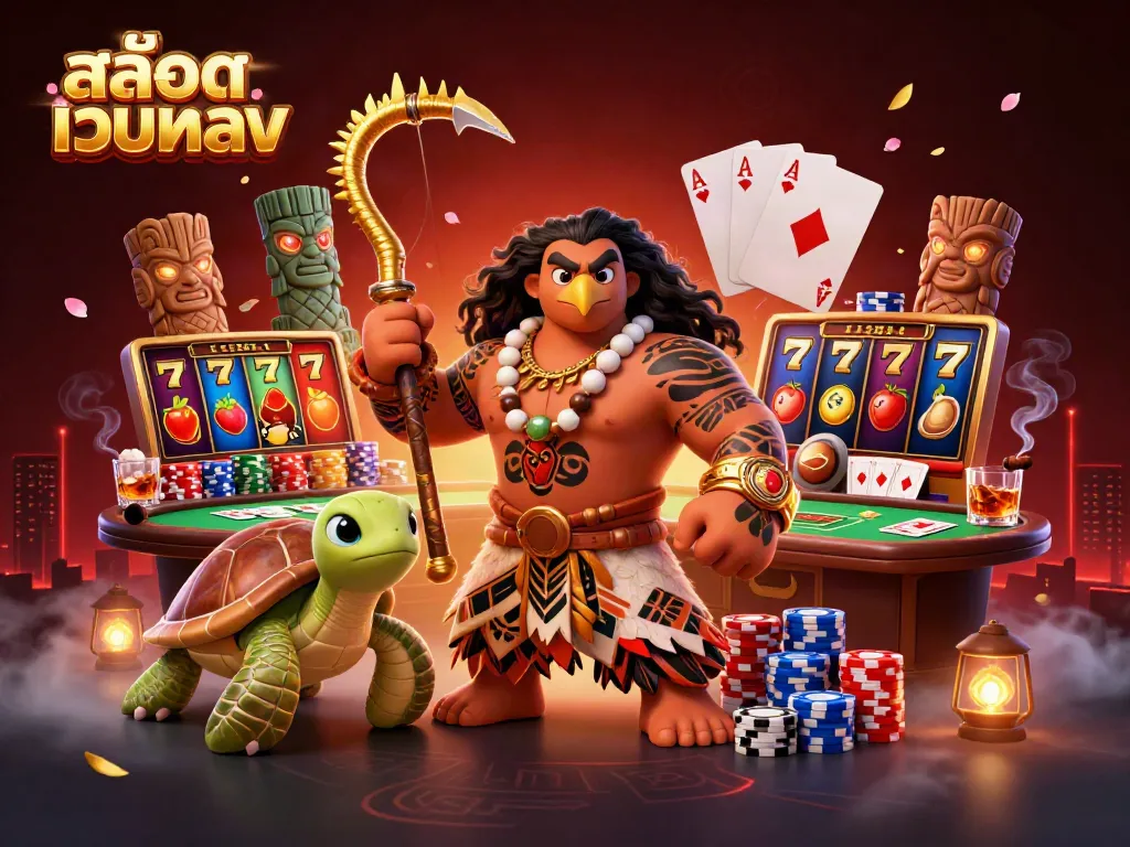 Experience thrilling สล็อตเว็บตรง action with a 3D demigod hawk and poker elements in a vibrant casino setting.